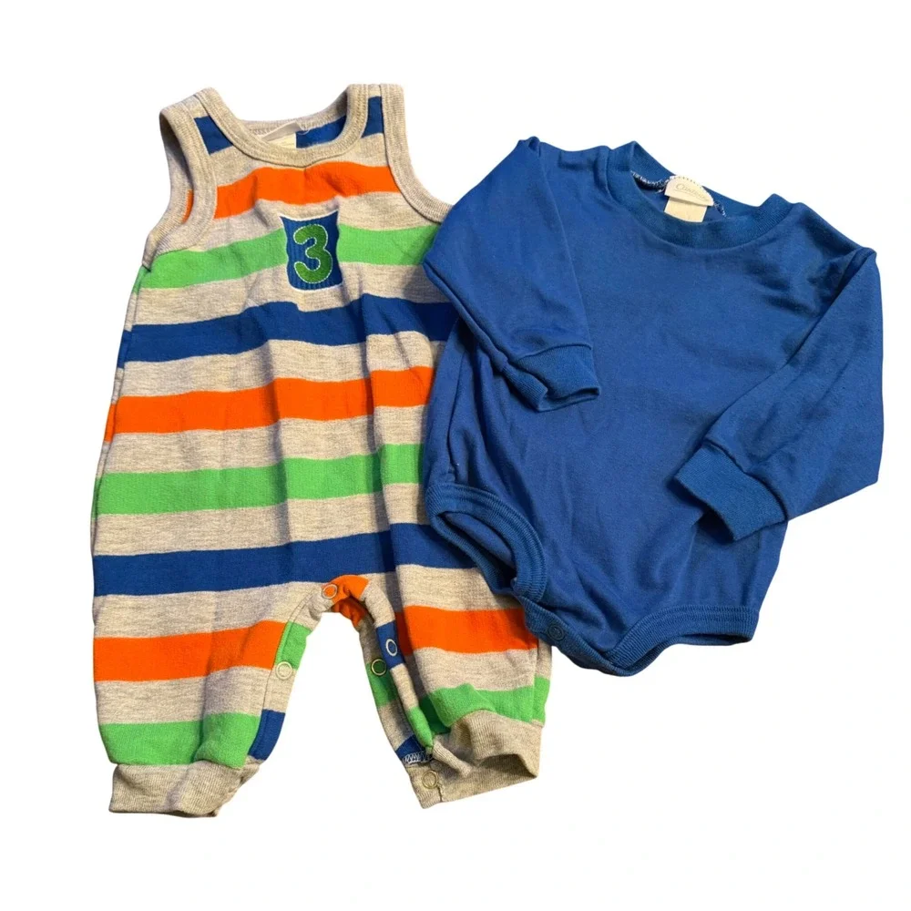 Vintage Carter's Baby Outfit Set 3-6M USA‎ Striped Romper & Blue Bodysuit 9-12M